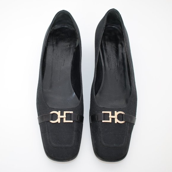 Salvatore Ferragamo Black Belt Buckle Logo Fabric Pumps Sz 8.5 - Picture 2 of 8
